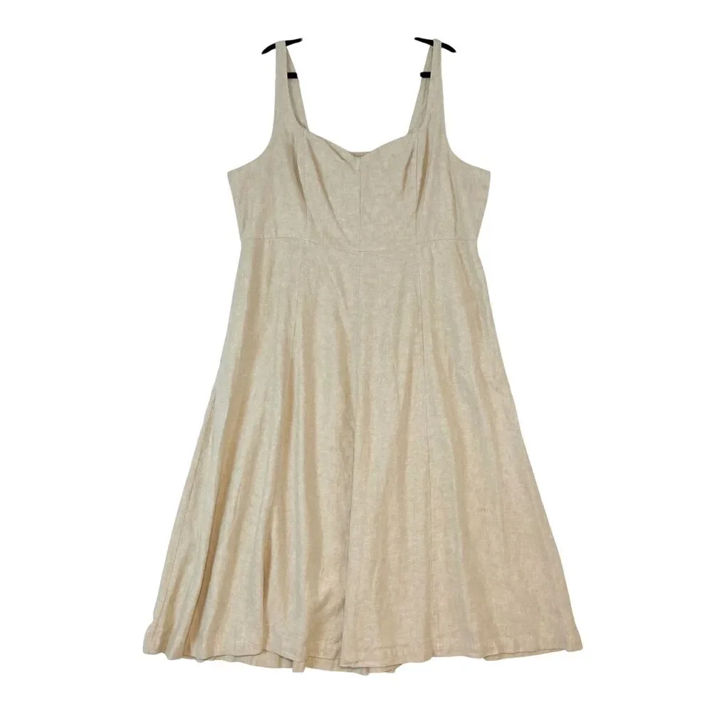 Old‎ Navy Linen Midi Dress Sz XXL Beige Flax Minimalist Capsule Smocked Pockets
